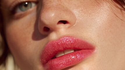 Fototapeta premium Close-up of Woman with Glossy Pink Glitter Lipstick