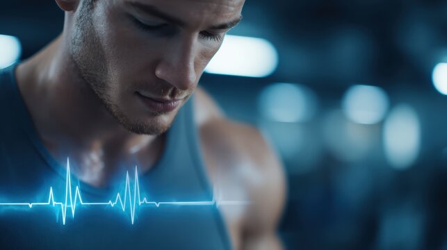 A focused young man in a gym monitors his heart rate, with a digital heartbeat line overlay emphasizing fitness and health.