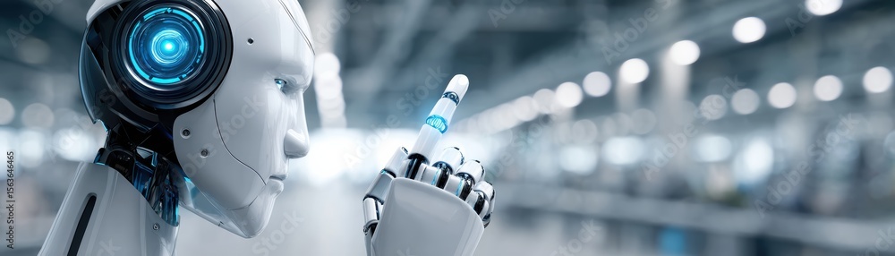 Poster a humanoid robot with a glowing blue eye and illuminated fingertip interacts with a futuristic digit