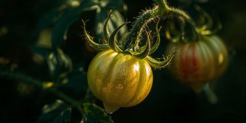 Close up of unripe tomatoes on the vine with a water droplet hanging from the bottom of the tomato