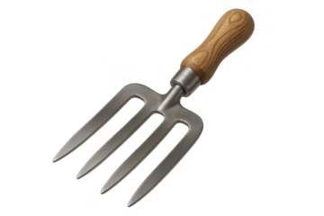 Close-up of a sturdy hand garden fork isolated on transparent background