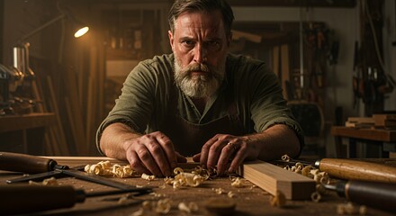 Focused Craftsman Shapes Wood in Rustic Workshop, Skillful Hands Shaping a Frame