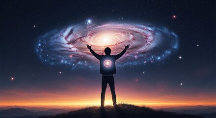 Man Holds Galaxy Above His Head Under Starry Sky