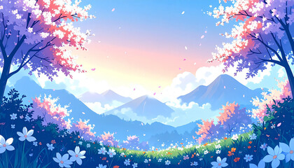 満開の桜と山々に囲まれた春の楽園イラスト