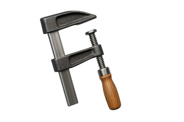 Heavy-duty F-clamp woodworking tool with wooden handle isolated on transparent background