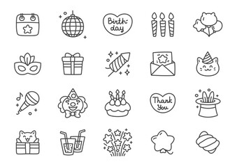 Kawaii birthday icon set. Set of cute birthday icons including gifts, candles, cake, clown, balloons, drinks, stars and party elements isolated on white background. Vector 10 EPS.
