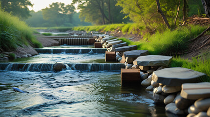 Water Conservation: "A freshwater river or stream flowing through natural surroundings, with eco-friendly check dams made of stones and logs. Lush greenery along the banks and fish visible 