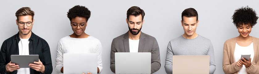 Five diverse young adults use laptops and tablets, focused on their screens against a plain background.