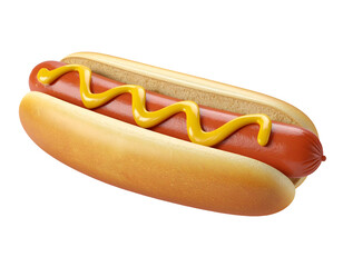 classic hot dog in golden bun with sausage and mustard zigzag drizzle on isolated background
