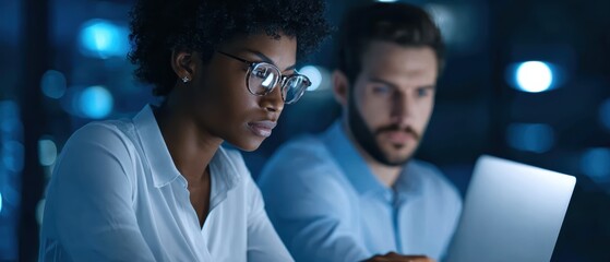 Two professionals focused on a laptop screen, collaborating in a dimly lit modern office setting.
