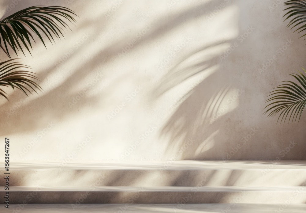 Aufkleber minimal product placement background with palm shadow on plaster wall. luxury summer architecture in