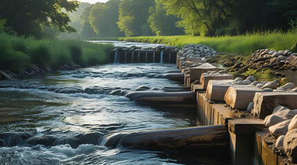 Water Conservation: "A freshwater river or stream flowing through natural surroundings, with eco-friendly check dams made of stones and logs. Lush greenery along the banks and fish visible 