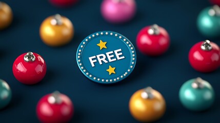 A round blue badge with "FREE" text and stars is surrounded by colorful, shiny spherical ornaments on a dark surface.