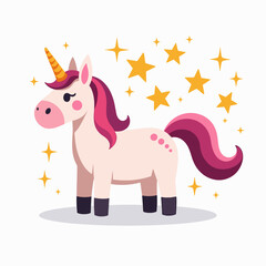 Cute Cartoon Unicorn with Golden Horn and Stars, Pink Mane, and Pastel Colors Illustration