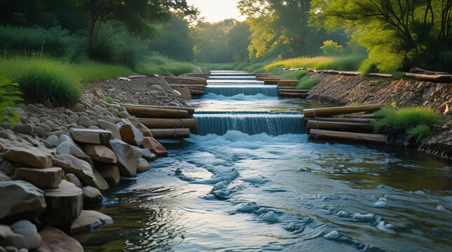Water Conservation: "A freshwater river or stream flowing through natural surroundings, with eco-friendly check dams made of stones and logs. Lush greenery along the banks and fish visible 