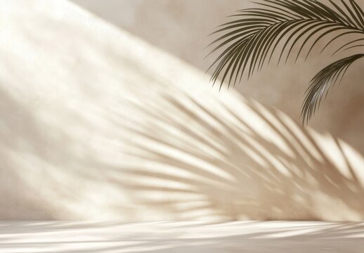 Minimal product placement background with palm shadow on beige plaster wall. Luxury summer architecture interior aesthetic. Boho home room for product platform stage mockup.