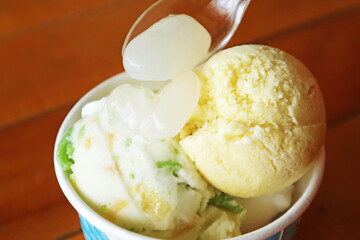 Coconut Milk and Durian Ice Cream Topped with  Sweetened Sugar Palm Seeds, Popular Topping in Thai Dessert