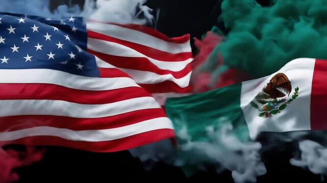 The United States and Mexican flags are displayed facing each other dramatically on a black background