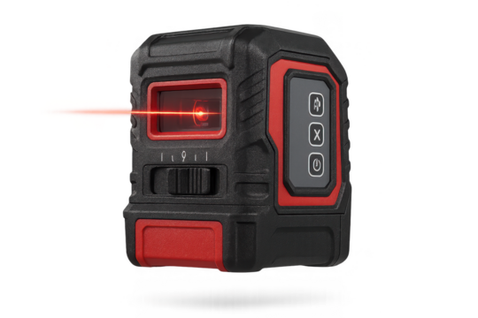 Red and black laser level with a bright beam isolated on a transparent background