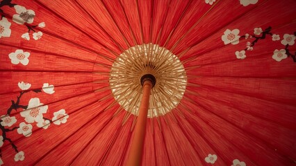 Traditional Japanese red umbrella with cherry blossom pattern. Artistic image, unusual composition, angle from below