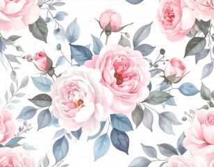 Fototapeta premium 手描き風ピンクローズとブルーリーフのシームレスパターン