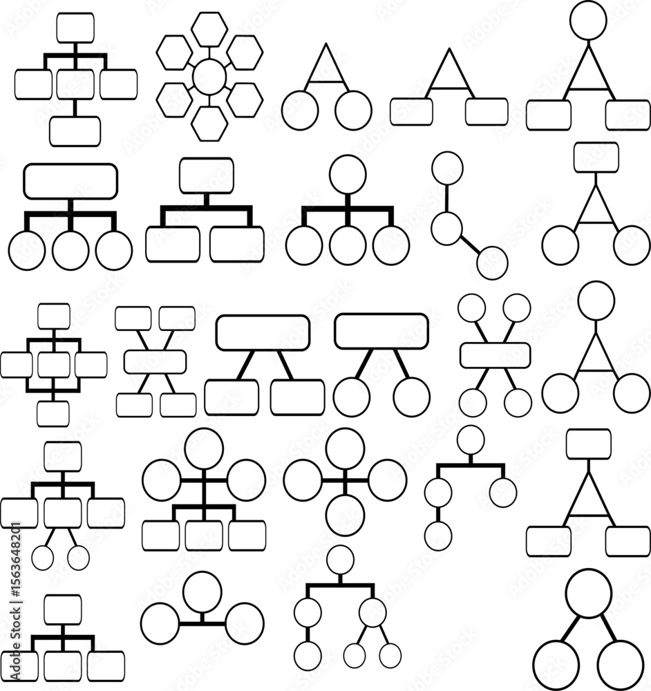 Aufkleber collection of diverse vector organizational charts, including hierarchical, radial, and hybrid struc