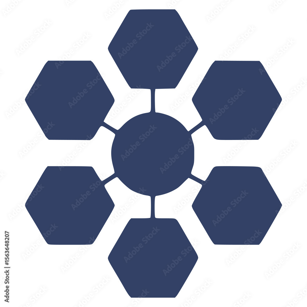 Poster abstract vector illustration of a central circle connected to six hexagonal shapes, creating a uniqu