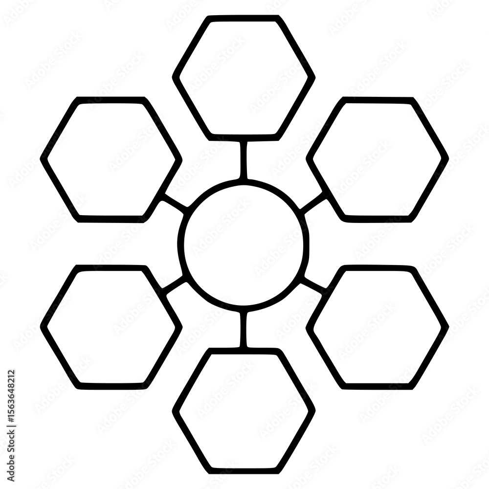 Poster abstract vector illustration of a central circle connected to six hexagons, creating a unique geomet