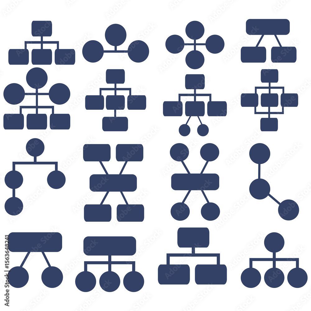 Aufkleber a set of sixteen unique vector hierarchy chart icons, featuring a combination of circles and rectang