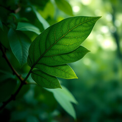 A leaf is shown in a green forest