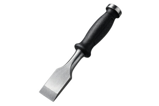 Sharp metal wood chisel with ergonomic black handle, isolated on transparent background.