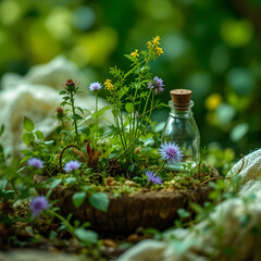 A small vase with a flower in it sits on a wooden tray
