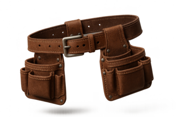 Brown leather tool belt with multiple pockets isolated on transparent background