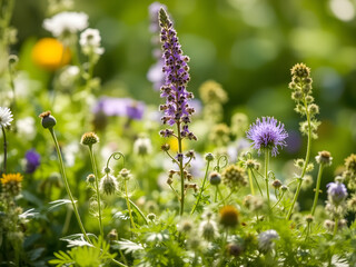 A field of wildflowers with a purple flower in the center