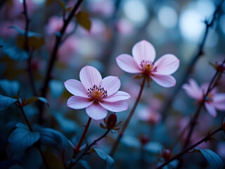 Two pink flowers are in a blue background