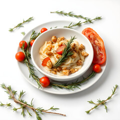 A white plate with a bowl of pasta and tomatoes