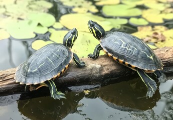 Obraz premium red ear slider turtles on a log in a lake (prospect park pond brooklyn new york animals reptile wildlife) beautiful nature urban park green water summer view