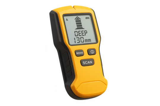 Yellow and black digital stud finder showing 130mm depth, transparent background.
