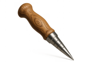 Awl with wood handle and metal tip, isolated on transparent background.