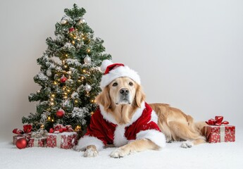 Santa dog! Golden Retriever dressed as Santa Claus, lying beside a decorated Christmas tree. White background offers space for holiday text, perfect for banners or promotions.