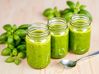 Three green jars of green liquid with a spoon next to them