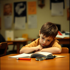 A boy is sitting at a desk with a book open in front of him