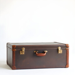 A brown suitcase with a brown handle sits on a white background
