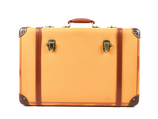 A tan suitcase with brown handles sits on a white background