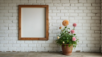 A white brick wall with a wooden frame and a potted plant in front of it