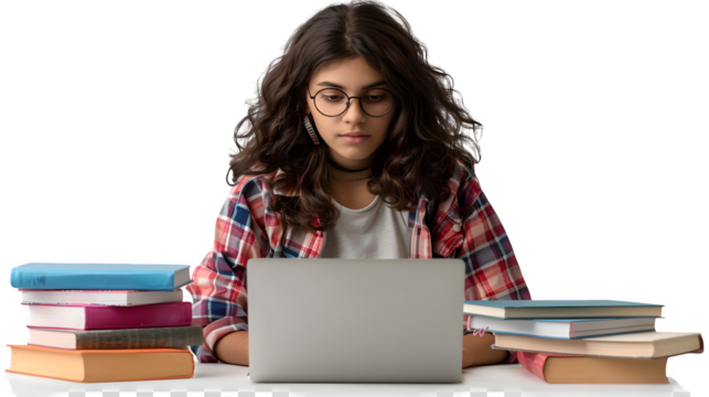 Student studying with laptop and books, isolated on transparent background