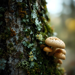 A tree covered in moss and mushrooms