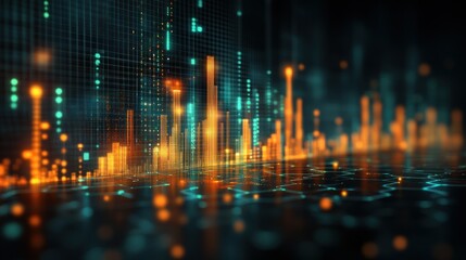 Abstract data landscape with bright orange and teal glows