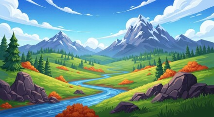Pixel Art Valley with Winding River and Snowy Mountains