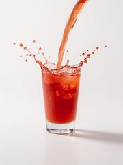 Pouring a vibrant red liquid into a glass creating a splash against a clean white background scene view